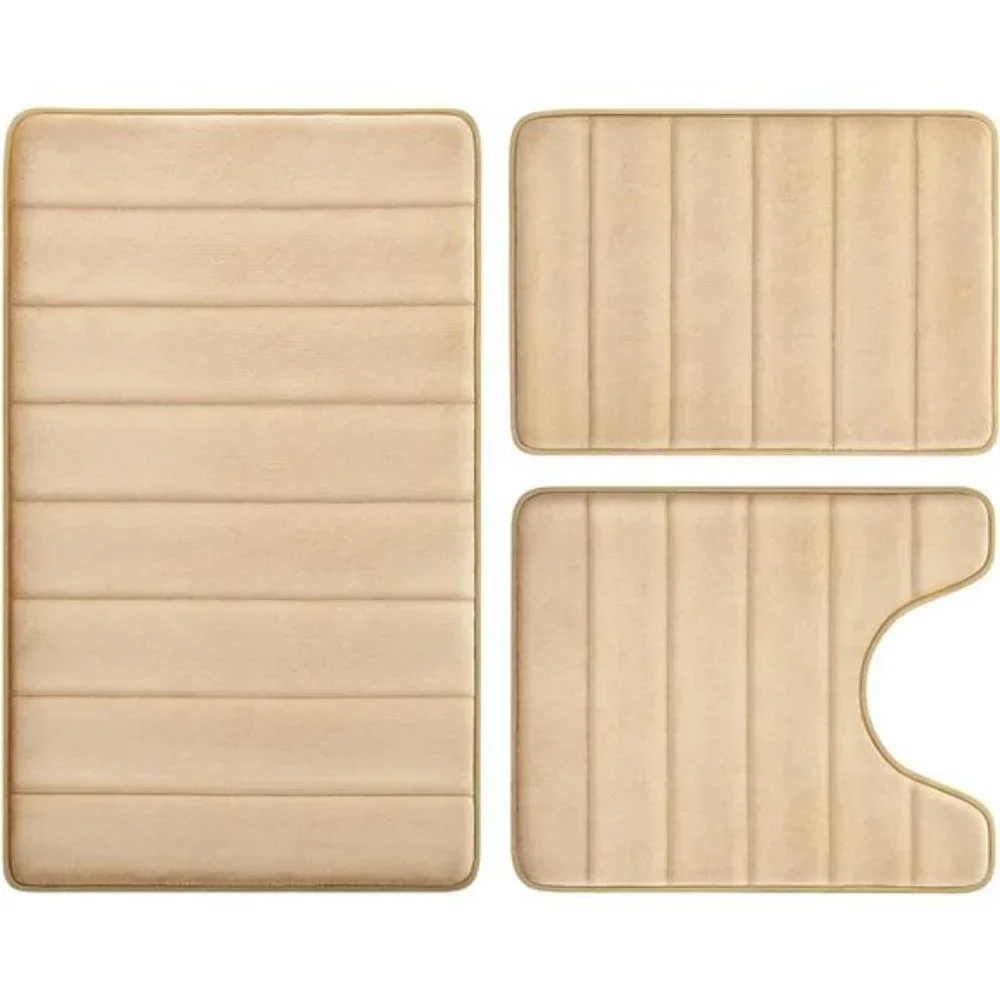 3 Piece Non Slip Extra Absorbent Shaggy Bathroom Mats and Rugs Sets, Beige